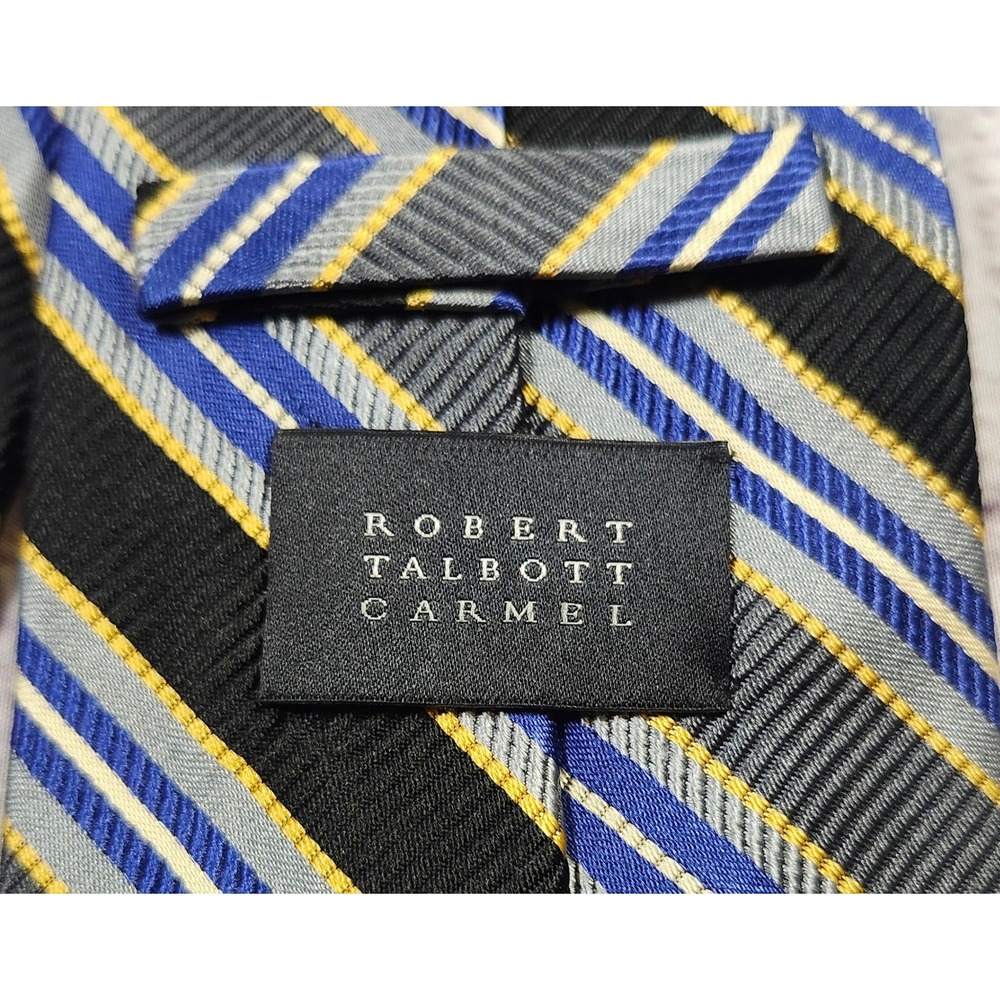 Robert Talbott Carmel Silk Tie Mens Blue Grey Gold Striped Hand Sewn USA